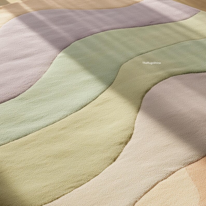 May include: A close-up of a colorful rug with a wavy design. The rug features pastel colors including lavender, green, yellow, and beige. The text "TheRugsShine" is visible on the rug.