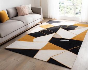 Mustard Black Geometric Wool Rug | Modern Hand Tufted Abstract Area Rug for Stylish Living Room