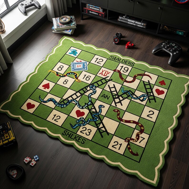 Snake Ladder Rug Green Snakes and Ladders Hand Tufted Scalloped Border Wool Rugs for ...