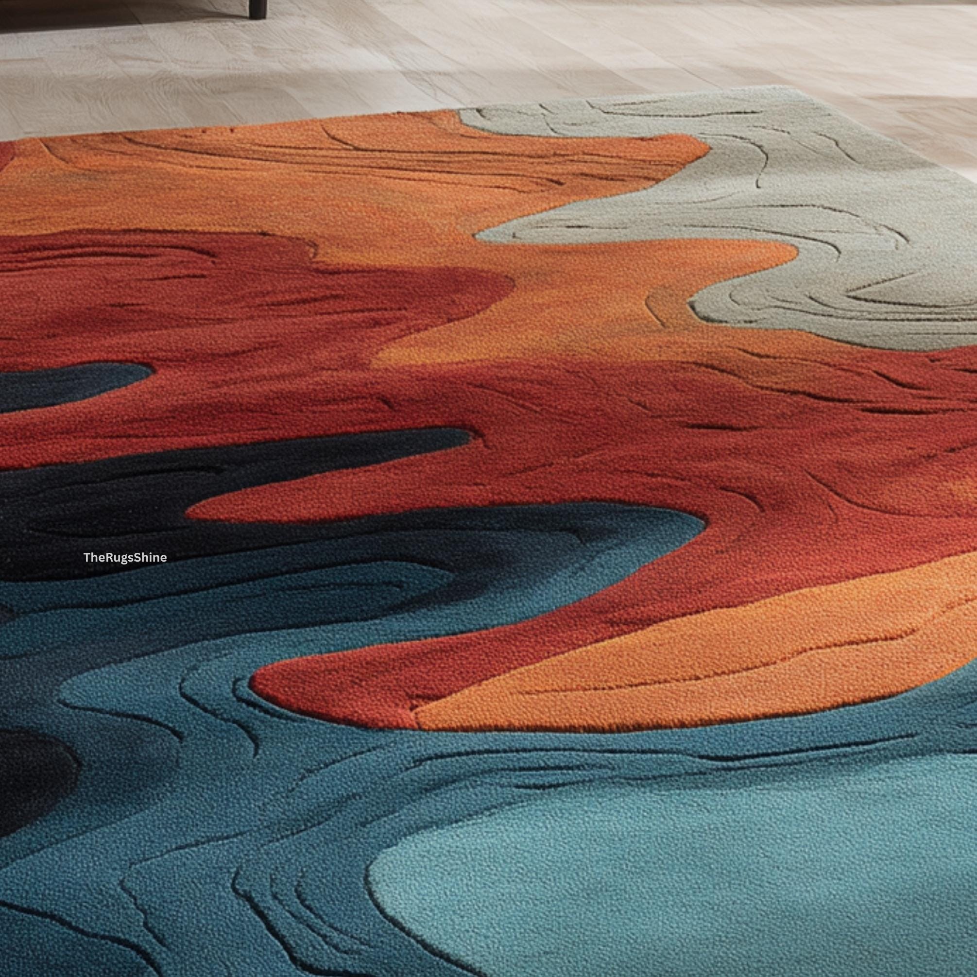 Abstract Blue, Orange, Rug | Modern Hand Tufted Wave Carpet | Artistic ...