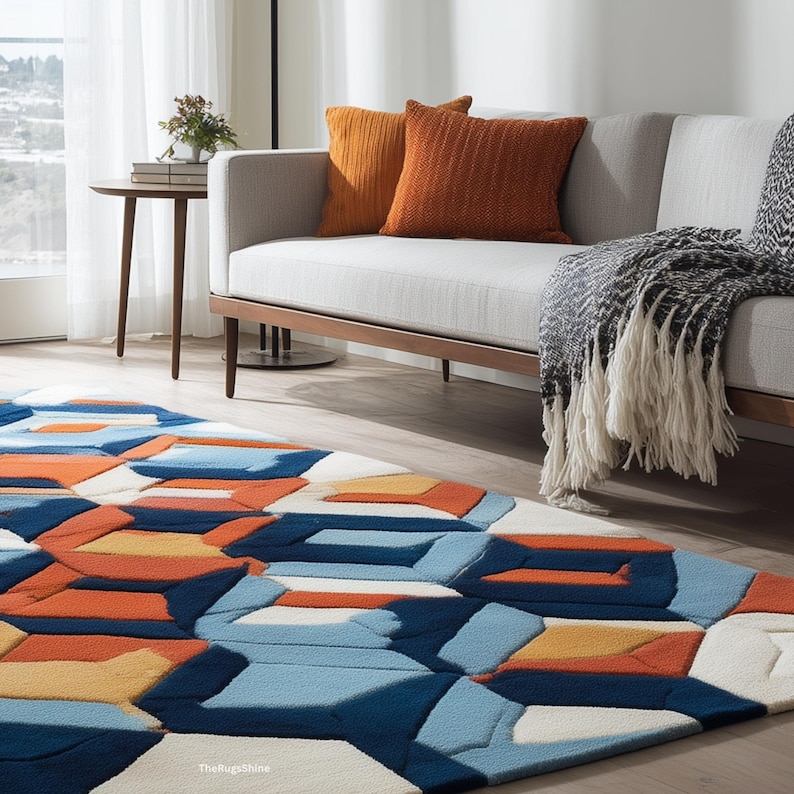 Modern Geometric Blue Rug | Orange Navy Abstract Carpet | Hand Tufted ...
