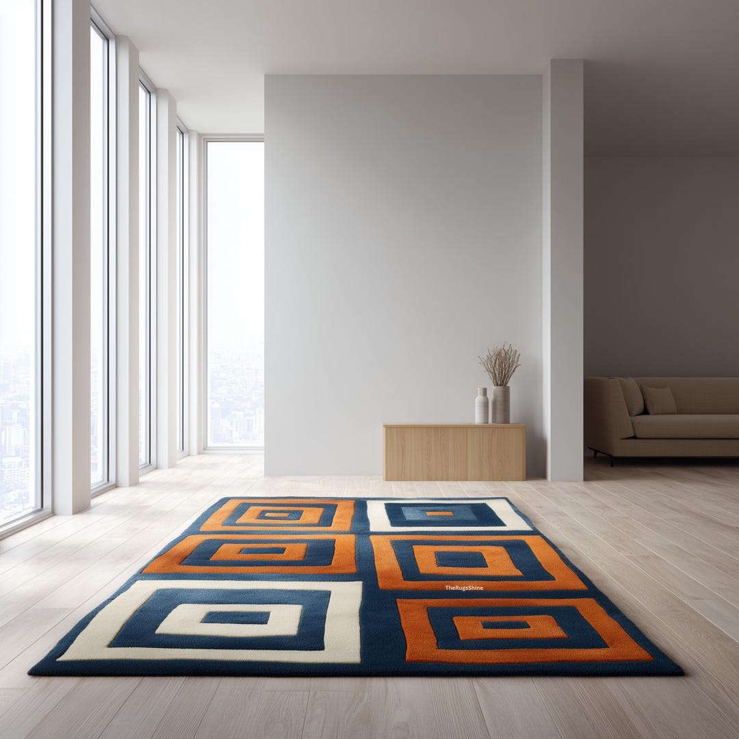 Modern Geometric Squares Rug | Blue, Orange & Cream Wool Carpet | Hand ...
