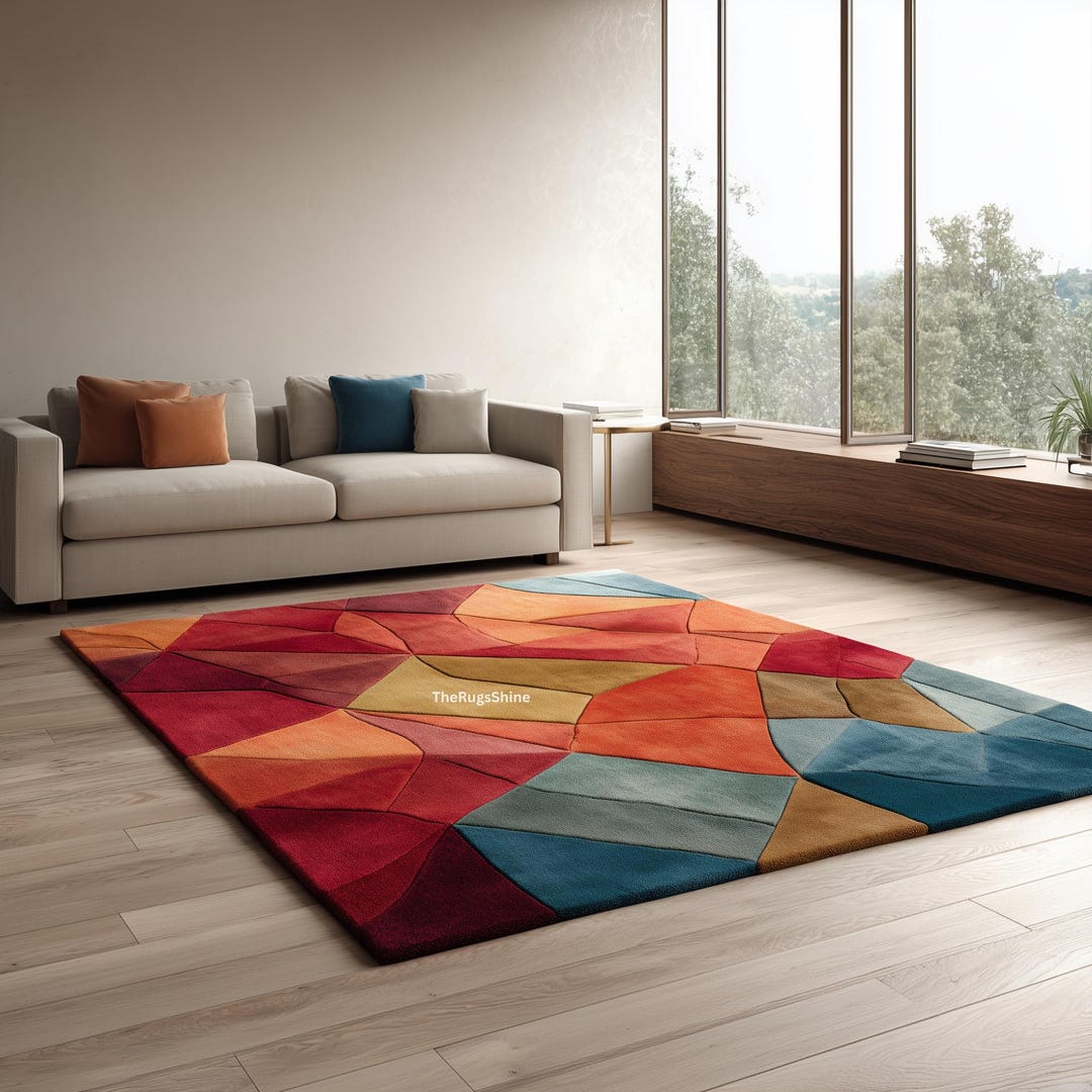 Geometric Faceted Wool Rug – Hand-tufted Modern Abstract Design in Red ...