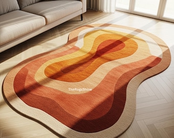 Retro Wavy Rug, Handmade Abstract Area Carpet, Boho Irregular Shape Rug, Warm Earth Tone Living Room Decor, Modern Custom Size Rug