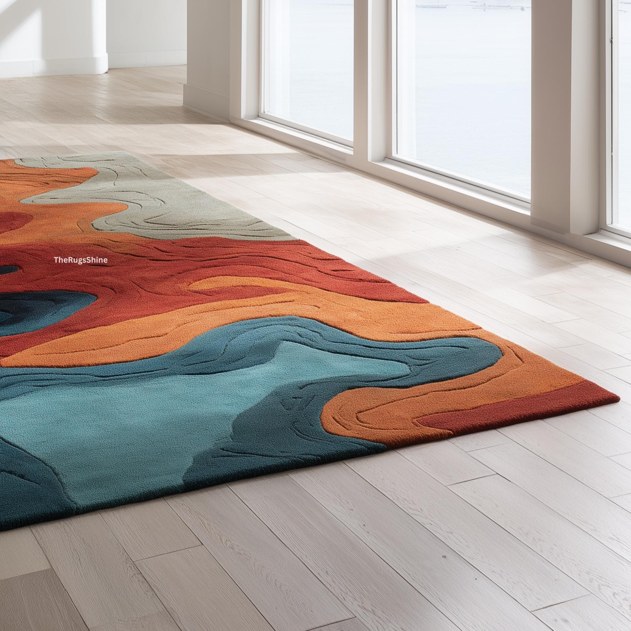 Abstract Blue, Orange, Rug | Modern Hand Tufted Wave Carpet | Artistic ...