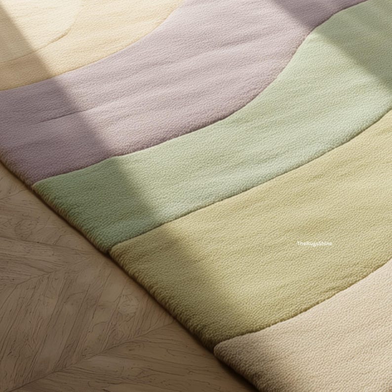 May include: A close-up of a colorful rug with a wavy design. The rug features pastel colors, including lavender, green, and yellow. The rug is made of a soft, textured material and is placed on a wooden floor.