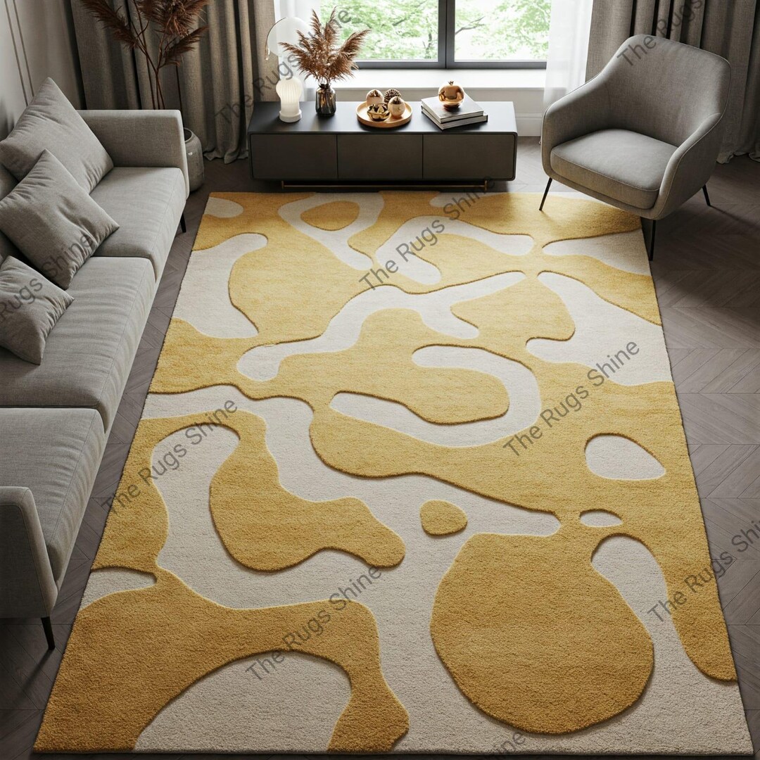 Light Yellow Color Rug Golden Yellow Light Beige Abstract Hand Tufted Rugs, 8x10 Designer Rug ...