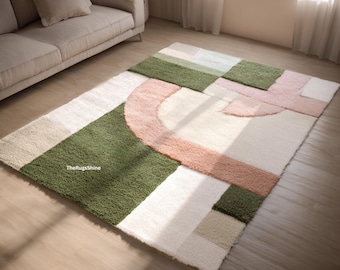 Modern Color Block Wool Rug | Sage Green, Blush Pink & Ivory Hand Tufted Area Rug for Living Room
