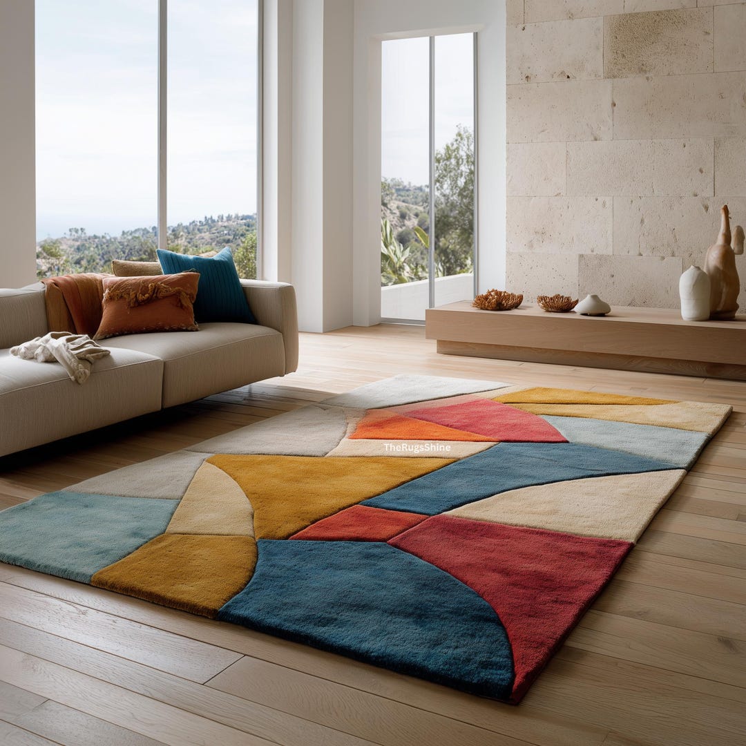Modern Abstract Wool Rug – Hand-tufted Geometric Design in Red, Mustard ...