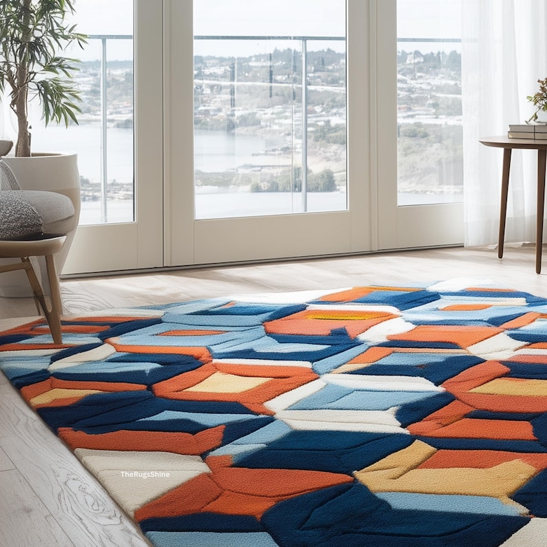 Modern Geometric Blue Rug | Orange Navy Abstract Carpet | Hand Tufted ...