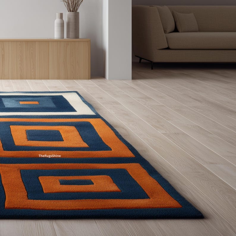 Modern Geometric Squares Rug | Blue, Orange & Cream Wool Carpet | Hand ...