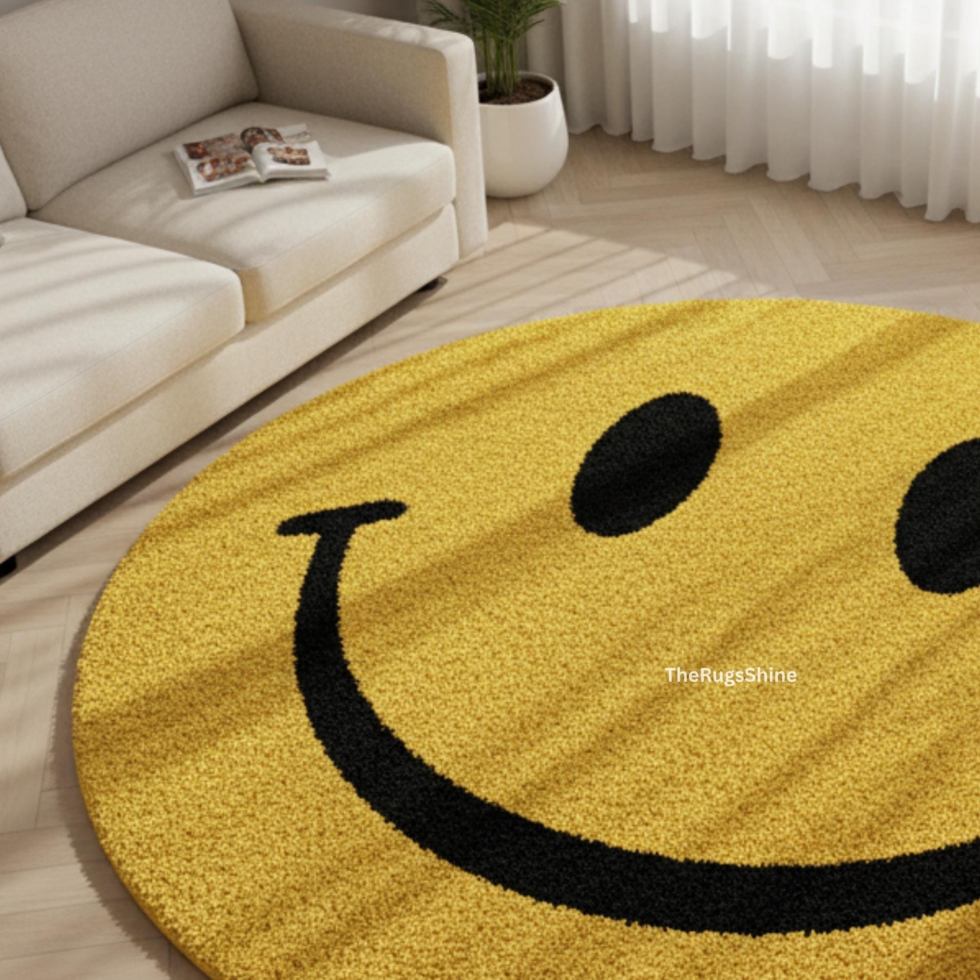 Hand-tufted Wool Smiley Face Rug: Yellow & Black Kids Decor - Etsy