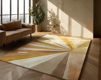 Mustard Sunburst Hand Tufted Wool Rug | Beige Cream Geometric Mid Century Carpet