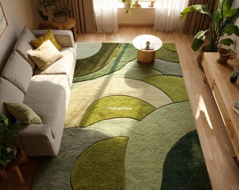 Green Abstract Area Rug | Modern Hand Tufted Carpet for Living Room & Bedroom