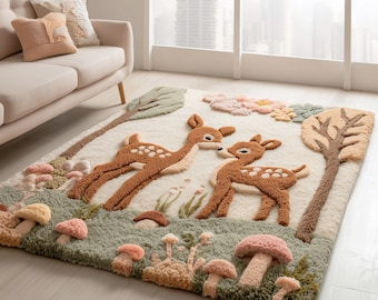 Hand Tufted Wool Deer Rug | 3D Woodland Nursery Carpet  9x12 Teppich