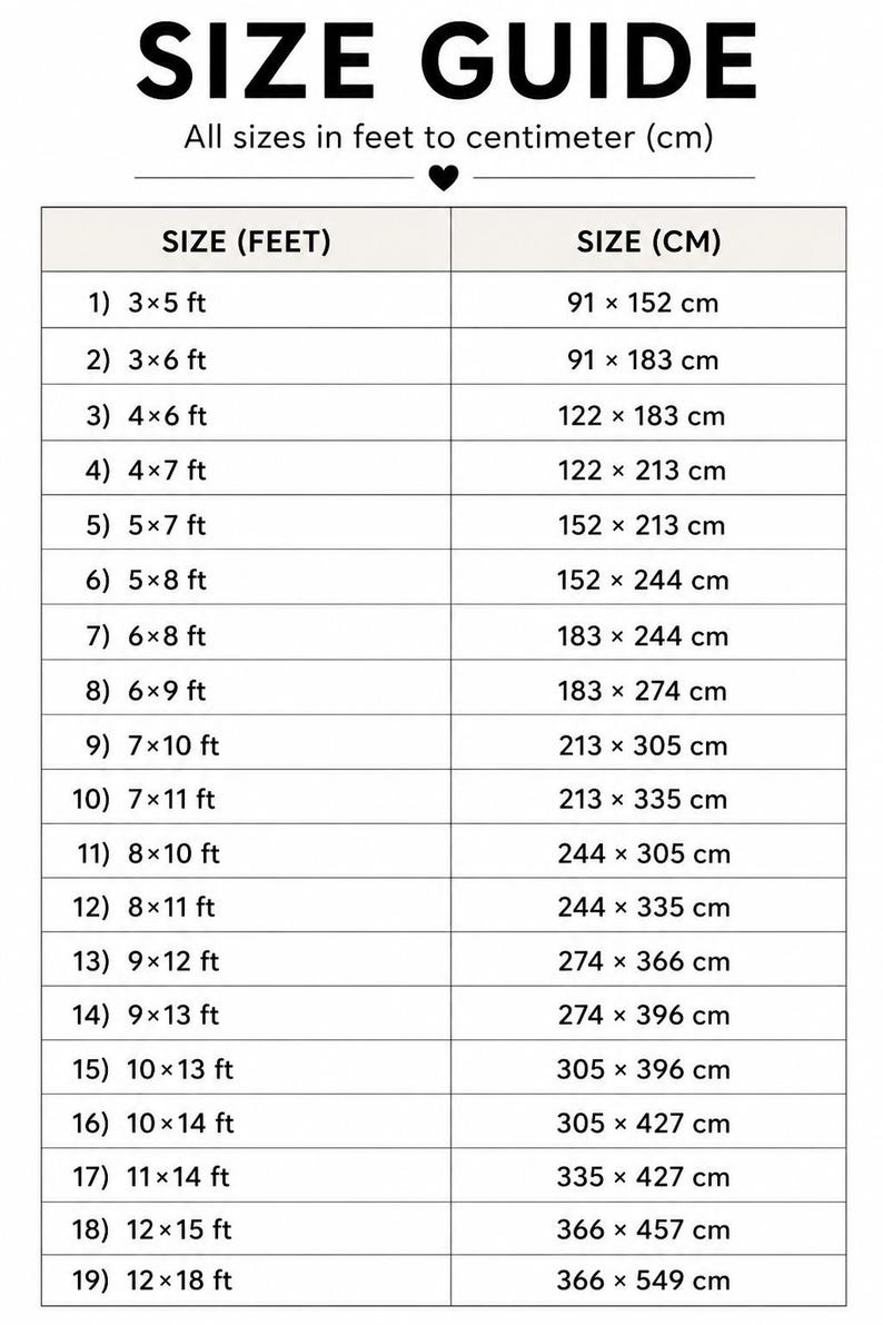 May include: A size guide chart with measurements in feet and centimeters. The chart lists 19 sizes, starting with 3x5 ft (91 x 152 cm) and going up to 12x18 ft (366 x 549 cm). The text "SIZE GUIDE" is at the top.