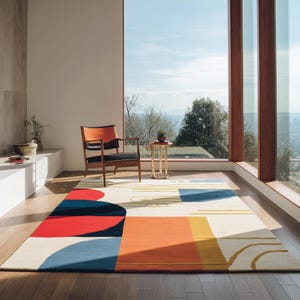 Bauhaus Modern Wool Rug | Hand-Tufted Geometric Design | Red, Blue, Orange & Yellow | Mid-Century Modern Area Rug