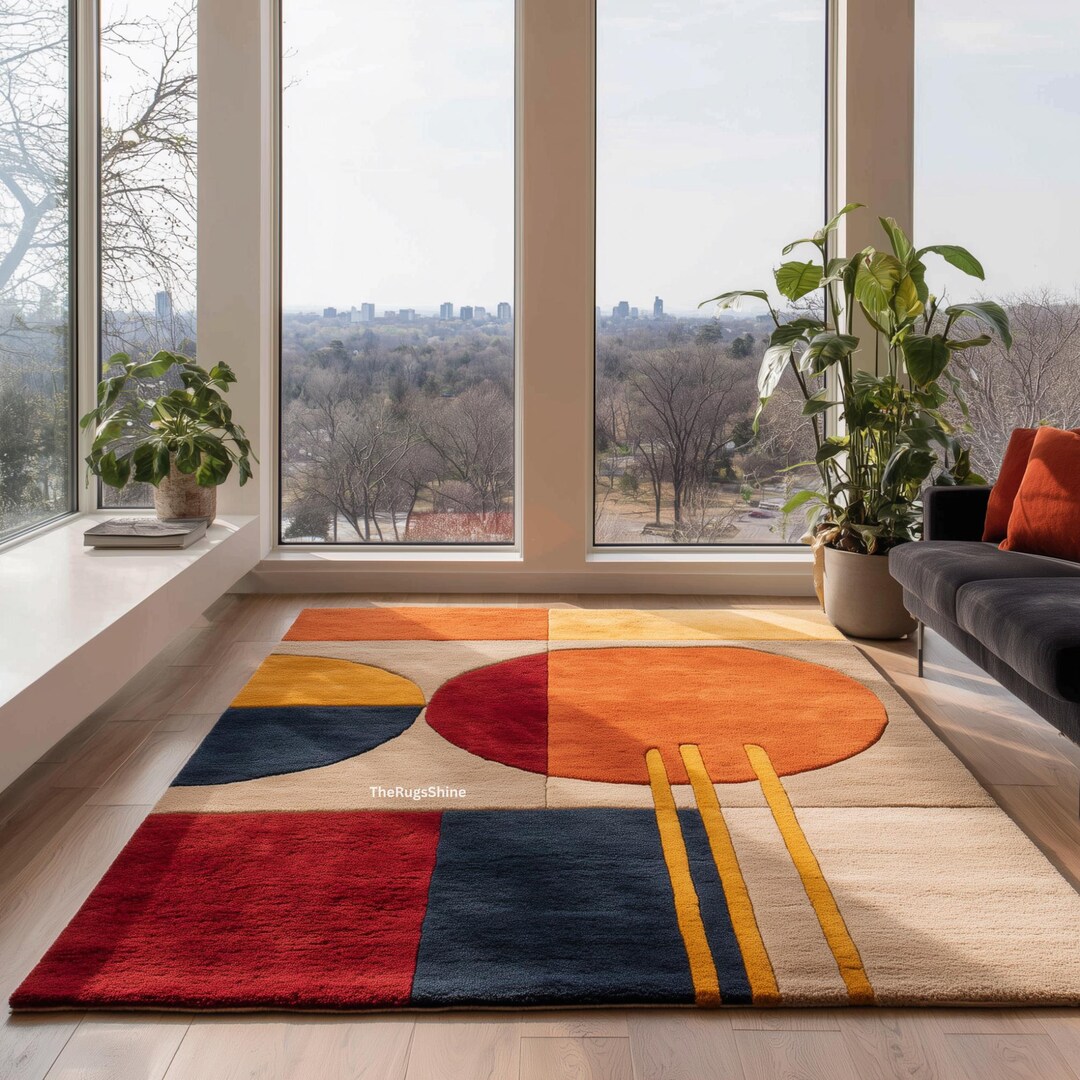 Mid Century Modern Area Rug | Geometric Red, Blue Multi Color Carpet - Etsy