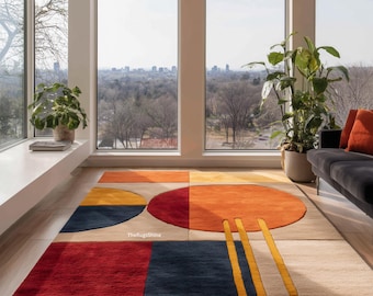 Mid Century Modern Area Rug | Geometric Red, Blue Multi Color Carpet