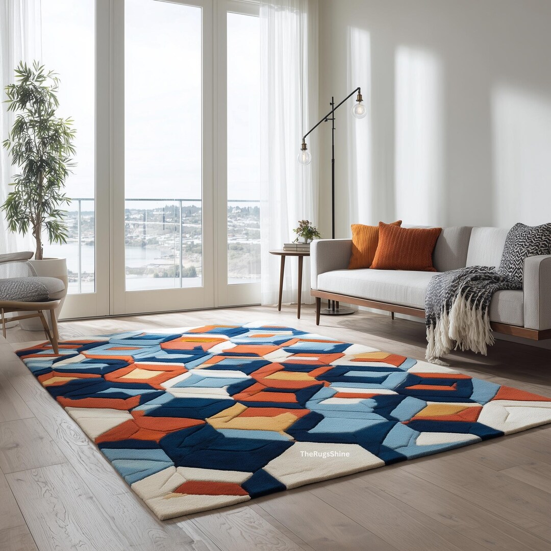 Modern Geometric Blue Rug | Orange Navy Abstract Carpet | Hand Tufted ...