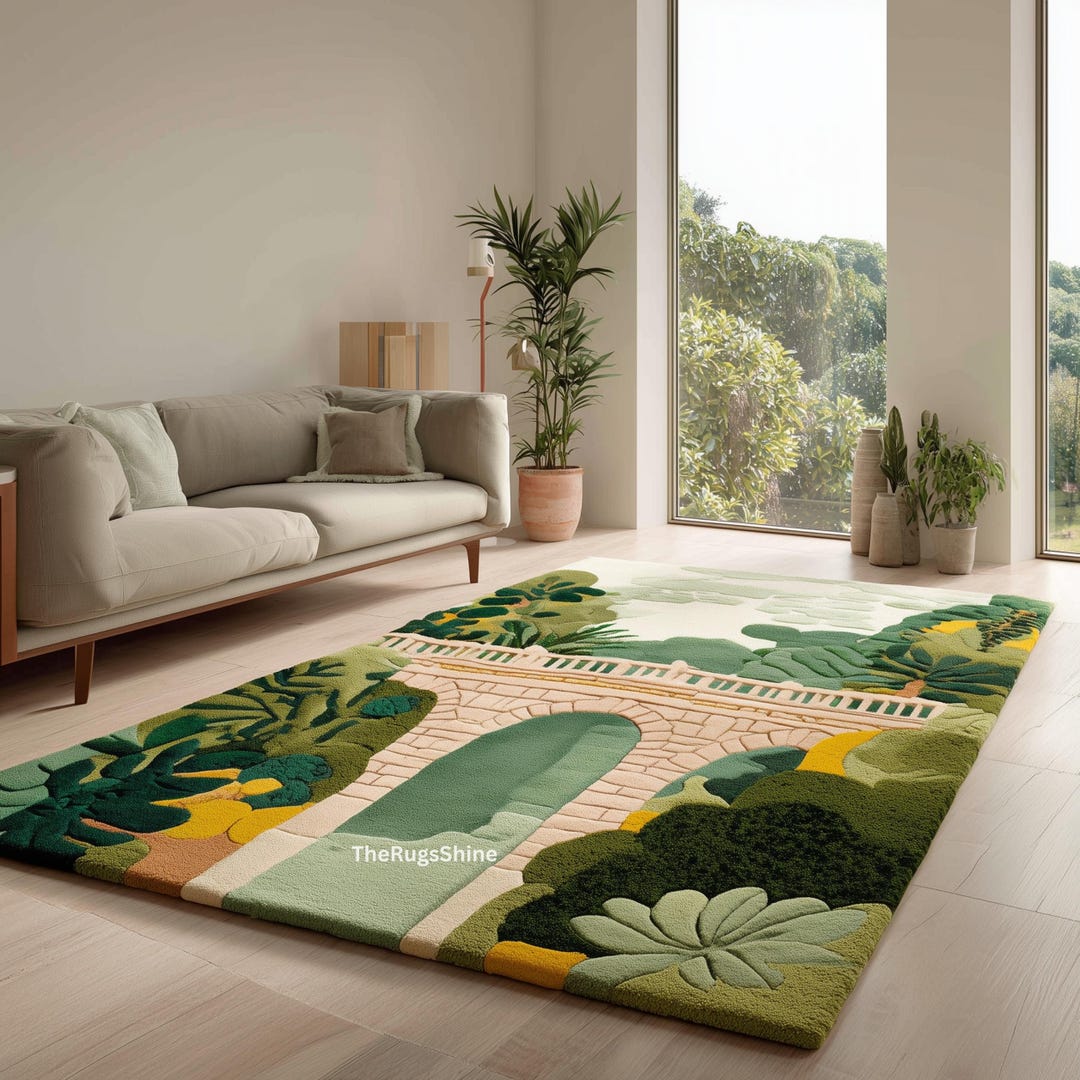 Landscape Rug Tuft Garden Landscape Rug | Scenic Bridge Carpet | Nature Theme Tufted Rug ...