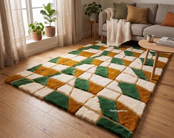 Geometric Checkerboard Rug | Hand Tufted Wool In Forest Green, Mustard & Cream
