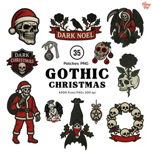 Könnte beinhalten: Eine Sammlung von Gothic-Weihnachts-PNG-Patches. Designs umfassen Schädel mit Weihnachtsmützen, einen Sensenmann, eine Fledermaus und einen Totenkranz. Die Texte "DARK NOEL" und "DARK CHRISTMAS" sind sichtbar.