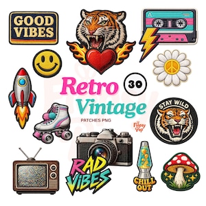 Retro vintage broderimärken PNG | 70-talets 80-talets 90-talets streetwear-märken | Satinsömsdesign