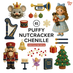 Könnte beinhalten: Eine Sammlung skurriler Illustrationen mit Weihnachts- und Nussknacker-Thema. Enthält eine Mäusekönig, Trompete, Ornamente, ein Mädchen mit einem Nussknacker, eine Trommel, eine Harfe, einen Nussknackersoldaten, eine Glocke, eine Fee, ein Buch, ein Geschenk und einen Weihnachtsbaum.