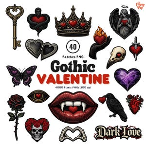 May include: A collection of 40 PNG patches with a Gothic Valentine theme. The images include a crown with heart accents, a butterfly, a raven holding a heart, and a skull with roses. The text "Gothic Valentine" is also present.