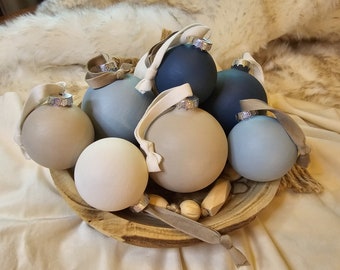 Textured Christmas Ornaments in Blues, Gray, and White. Set of 4 Glass Ornaments. 2 Sizes Available.