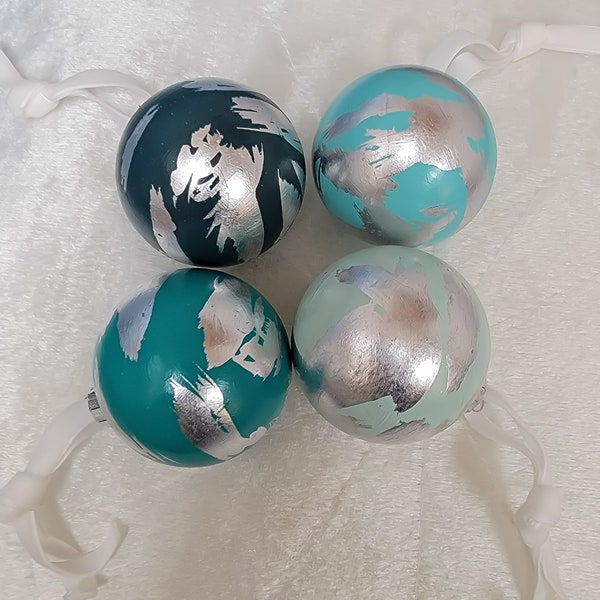 Blue Ornaments With Silver Leaf Gilding, Set of 4. Hand Painted, Abstract, Glass Baubles. Modern Christmas Decor. Great Gifts for Art Lovers