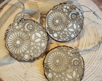 Steampunk Ornaments, Set of 3, Pine Slices with Wooden Gear Faces, Tied With Jute Ribbon.