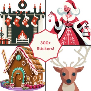 May include: A digital sticker sheet with over 300 Christmas-themed stickers. The stickers include a gingerbread house, a reindeer, a Santa Claus, and a fireplace with stockings.