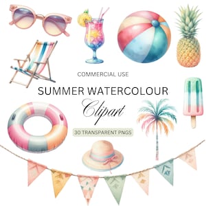 PNG clipart estivo, pacchetto acquerello estivo, pacchetto clipart carino festa in piscina, uso commerciale, PNG trasparenti, clipart vacanze vacanze