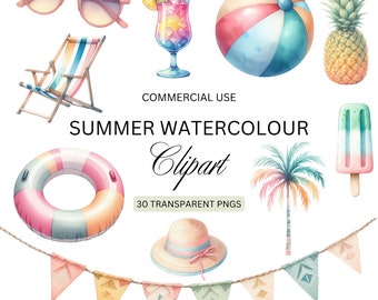 Summer Clipart PNG, Summer Watercolour Bundle, Cute Pool Party Clipart Bundle, Commercial Use, Transparent PNGs, Holiday Vacation Clipart