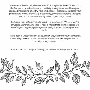 Peut inclure: T&eacute;l&eacute;chargement num&eacute;rique de 20 cartes de puissance de productivit&eacute; avec une bordure florale noire et blanche. Le texte indique "Productivity Power Cards: 20 Strategies for Peak Efficiency." Le texte indique &eacute;galement "Bienvenue &agrave;" et "Veuillez noter qu'il s'agit d'un fichier num&eacute;rique uniquement, vous ne recevrez pas de cartes physiques."