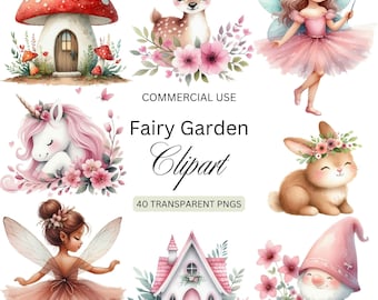 Aquarell Feengarten Clipart | Süße Feen Garten Clipart | Verzauberter Wald rosa Fee Bündel | Transparente PNG | Kommerzielle Nutzung