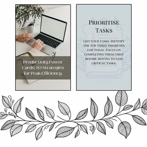Peut inclure: Une illustration bleue et blanche d'un livre avec le texte "Prioritiser les t&acirc;ches" et le texte "Listez vos t&acirc;ches. Identifiez les trois priorit&eacute;s les plus importantes pour aujourd'hui. Concentrez-vous sur la r&eacute;alisation de ces t&acirc;ches en premier avant de passer aux t&acirc;ches moins critiques." Une personne travaille sur un ordinateur portable. Le texte "Cartes de puissance de productivit&eacute;&nbsp;: 20 strat&eacute;gies pour une efficacit&eacute; maximale." est sur un fond blanc.