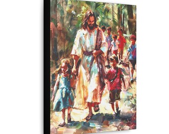 Puede incluir: Una pintura de Jesucristo caminando con un grupo de niños en un entorno de bosque. Los niños visten ropa colorida y Jesús lleva una túnica blanca con una faja marrón. La pintura está realizada en un estilo realista con una paleta de colores cálidos.