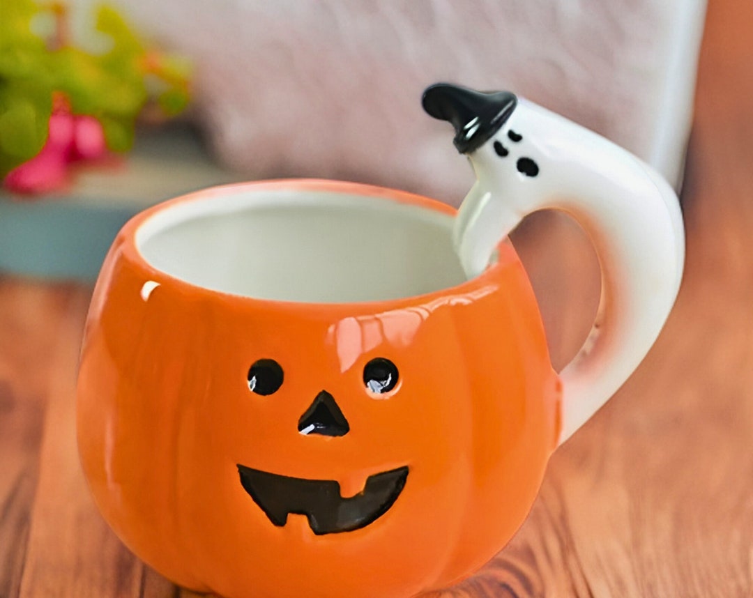Handmade Pumpkin Coffee Mug With Ghost Handgrip Ceramic Etsy