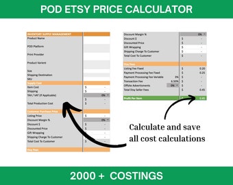 ETSY POD pricing calculator, print on demand calculator spreadsheet for small busines, sell on ETSY profit calculator for Etsy sellers guide