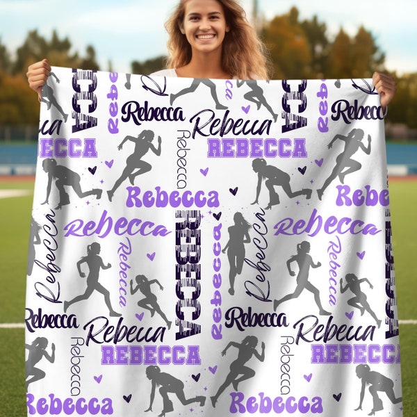 Running Girl Personalized  Blanket, Custom Girl Name with Runner Pattern, Gift for Runner, Custom Running Team Throw, Matching Athletes Gift