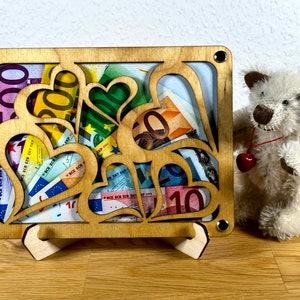 Geschenkkarte aus Holz, Geldgeschenk, Geburtstag, Geschenkidee, Herzen, Geldverpackung, Liebe