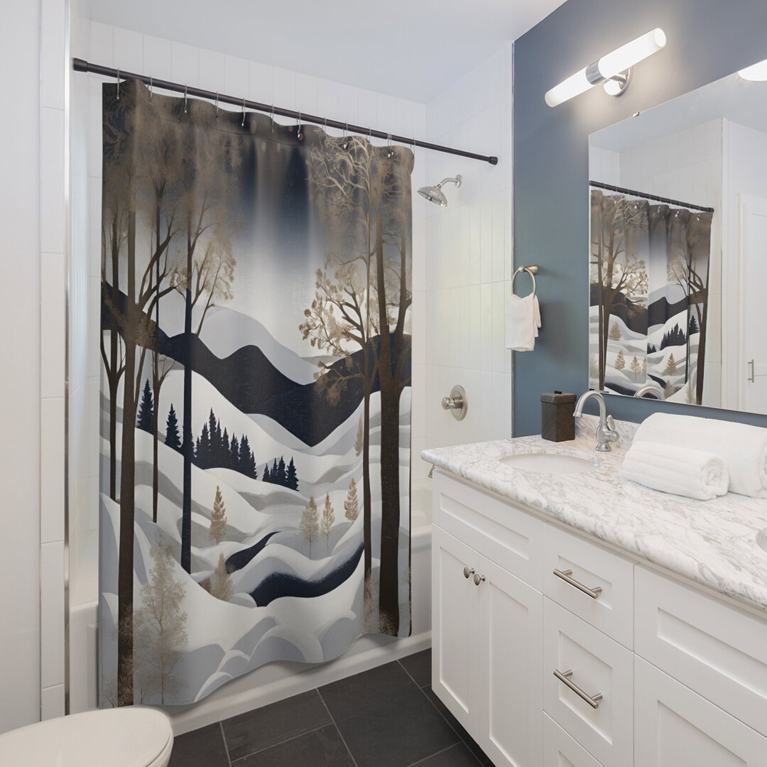 Winter Shower Curtains Blue and Golden Bathroom Decor Etsy