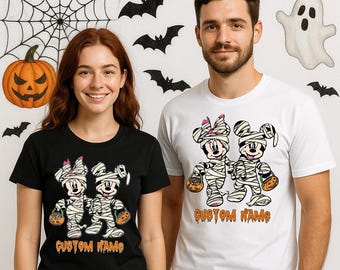 Mummy Halloween Shirt With Custom Name, Cute Couple Halloween Matching Outfit, Personalized Trick Or Treat Family Shirt, Mickey Minnie Shirt