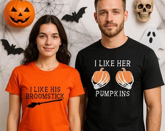 Funny Halloween Couple Shirts – I Like Her Pumpkins & I Like His Broomstick Matching Orange Tees, Cute Spooky Couples Costume Idea