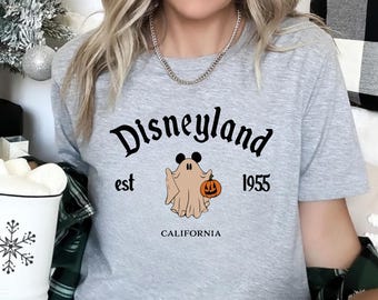 Disneyland Halloween Ghost Shirt With Pumpkin Bucket, Vintage 1955 California Design, Spooky Season Disney Shirt, Mickey Disney World Tshirt
