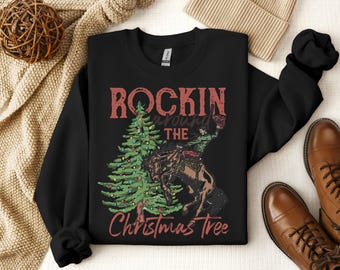 QIANRUO Felpa Donna Howdy: Albero Di Natale Retrò Western, Maniche Lunghe, Casual