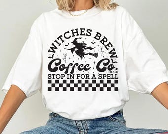 Witches Brew Coffee Co Shirt - Funny Witch Spell Theme Graphic Tee, Halloween Café Design, Magical Coffee Lover Gift Top, Fall Shirt